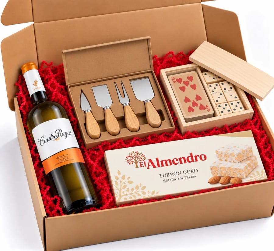 Cesta de Navidad Brindis y Juego: vino, accesorio, juego y dulce