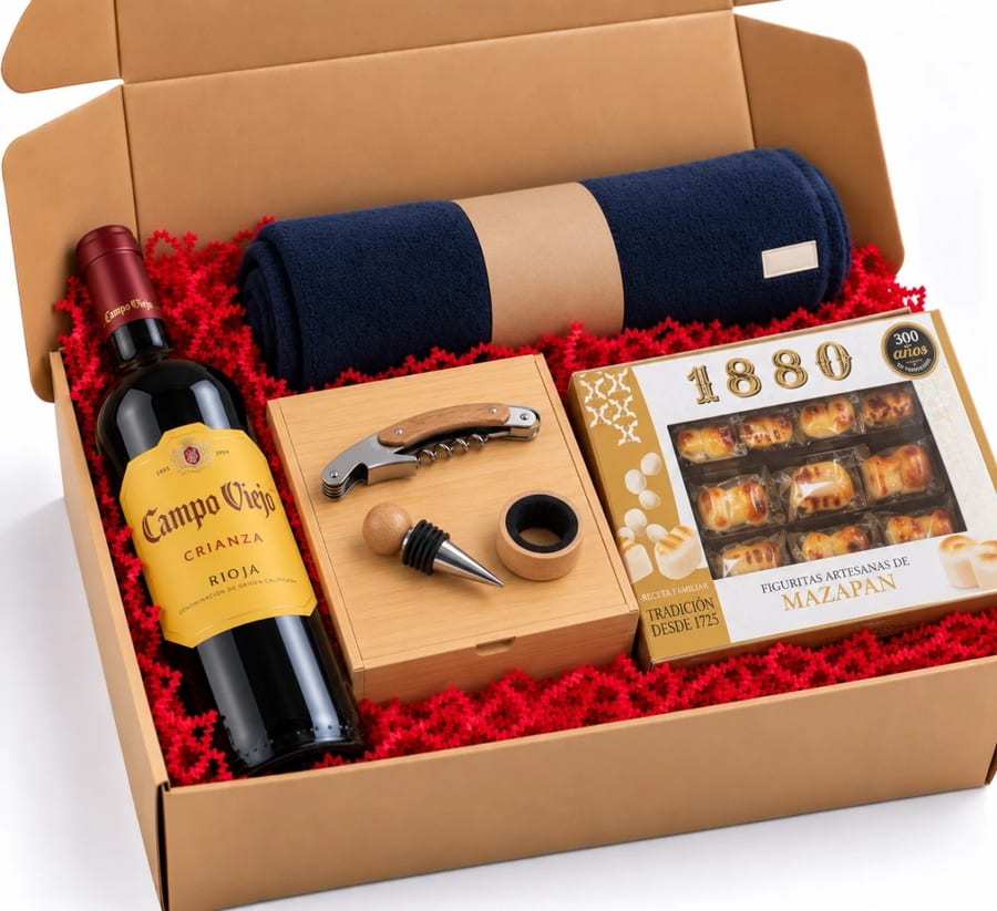 Cesta de Navidad Clásica Rioja: vino, accesorio, manta y dulce