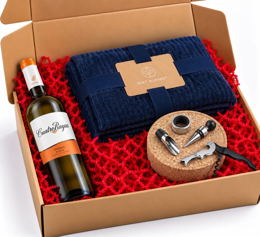 Cesta de Navidad Invierno Blanco: vino, accesorio y manta