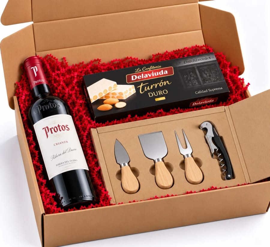 Cesta de Navidad Vino y Queso: vino, accesorio y dulce